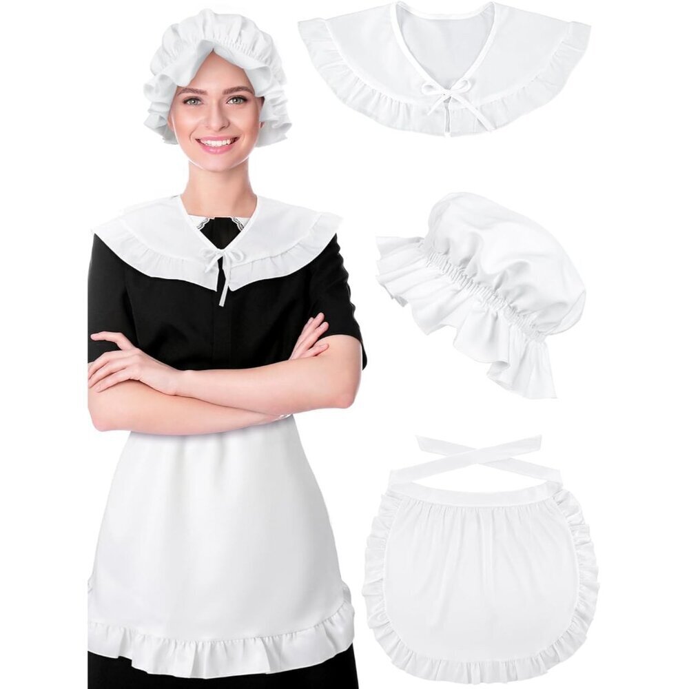 Halloween Colonial Costume Set White Bonnet Shawl Apron Vintage Decor